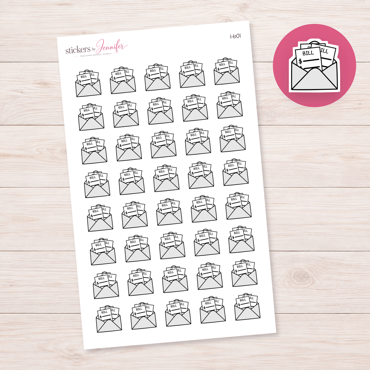 Pale Gray Bills Envelope Planner Stickers | I-601