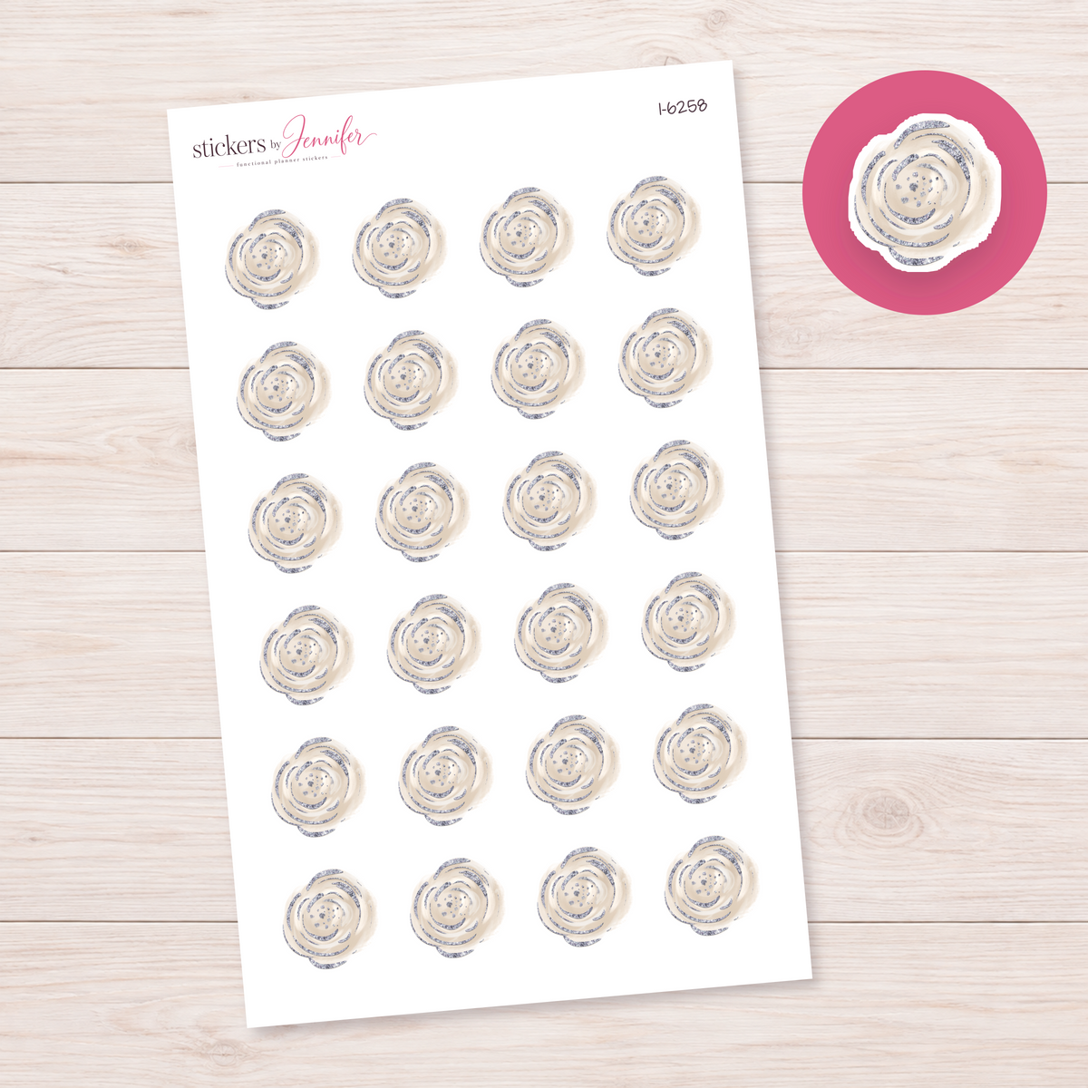 Cream and Silver-Effect Flower Planner Stickers | I-6258