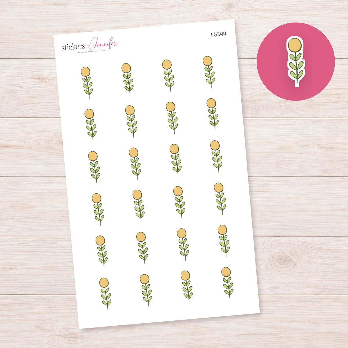 Round Yellow Flower Stem Planner Stickers | I-6344