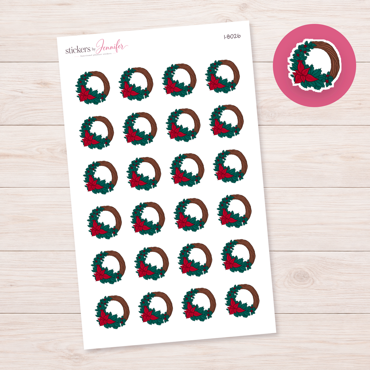 Red Poinsettia Wreath Planner Stickers | I-8026