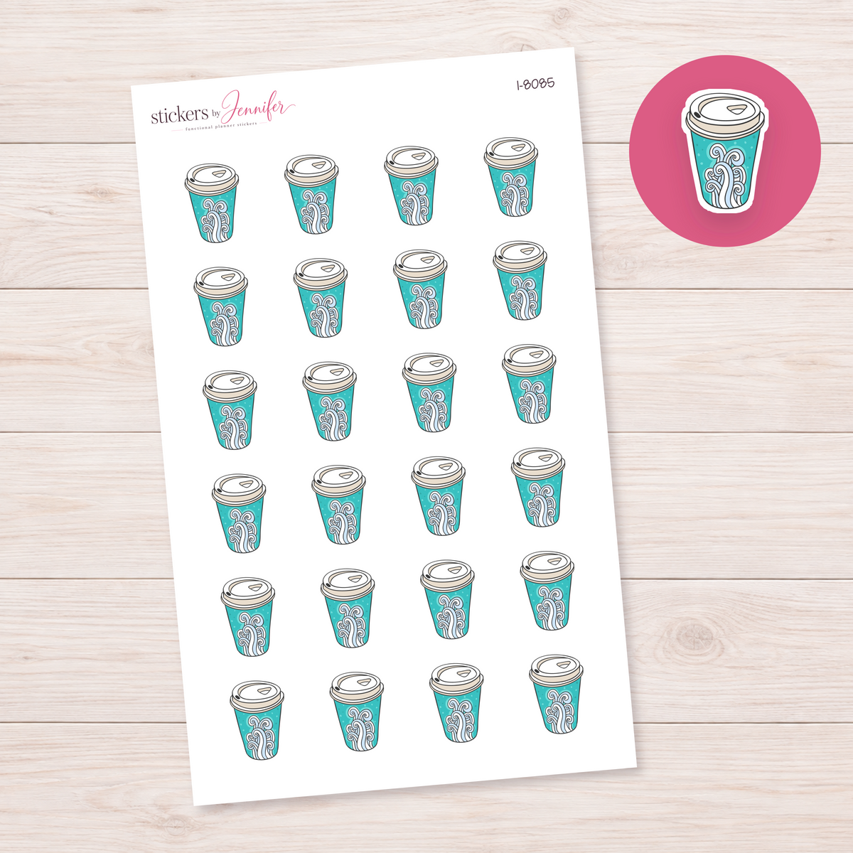 Teal Swirl Coffee Cup Planner Stickers | I-8085