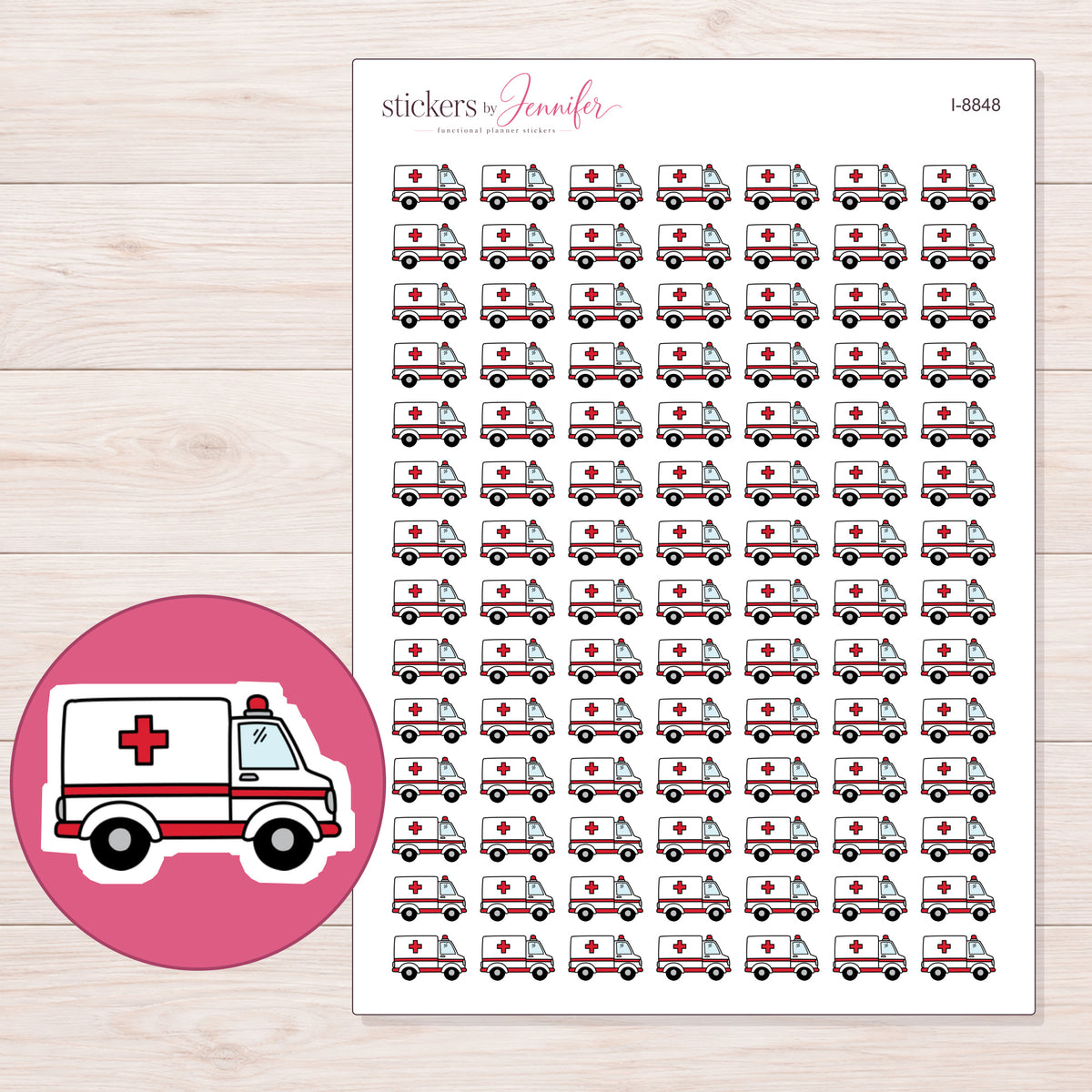 Ambulance Planner Stickers | I-8848 — 5 × 7 inch sheet and enlarged sticker detail