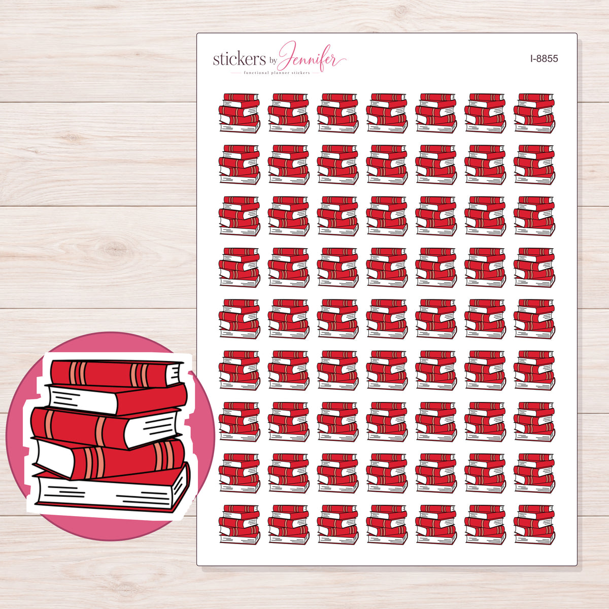 Books Planner Stickers | I-8855 — 5 × 7 inch sheet and enlarged sticker detail