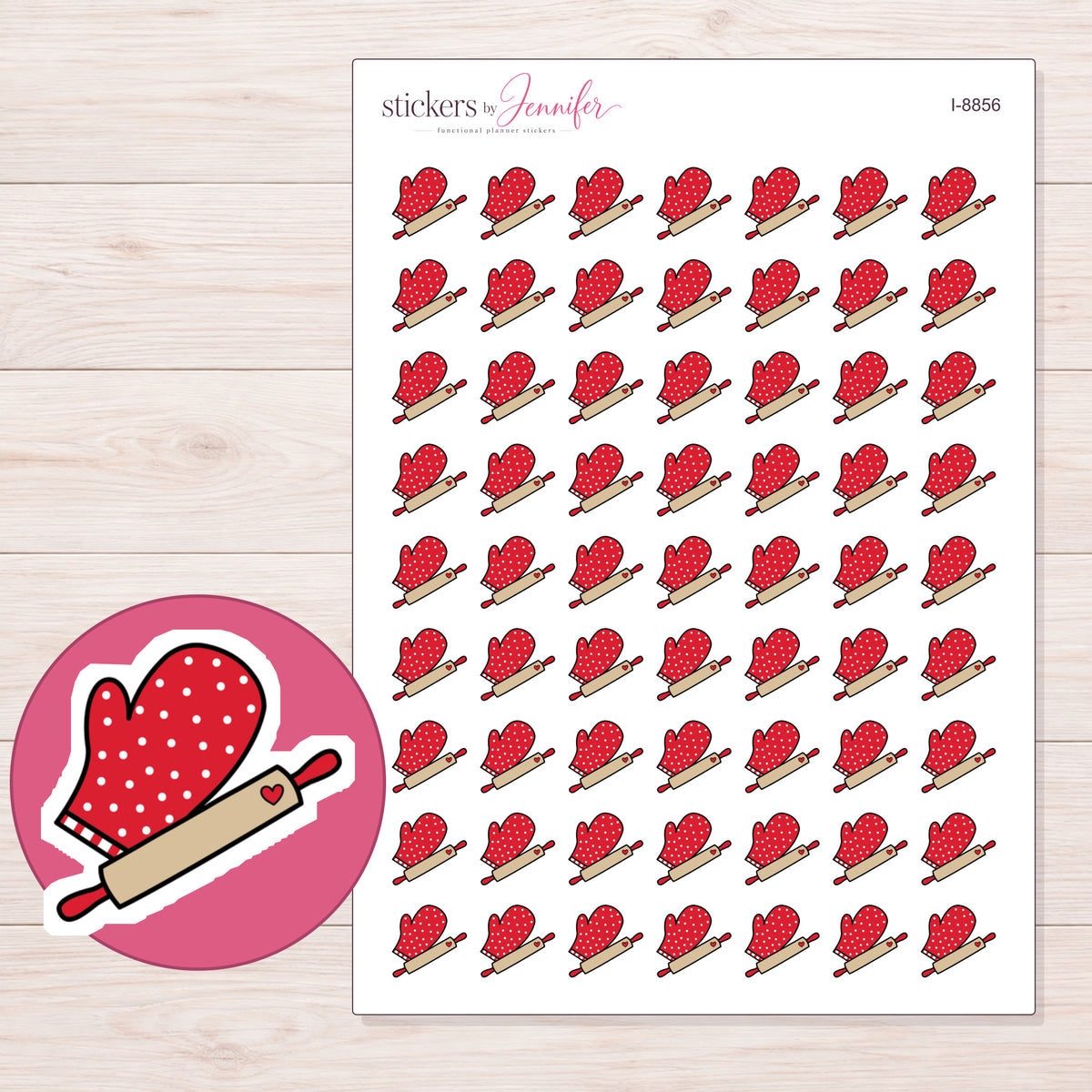 Baking Planner Stickers | I-8856 — 5 × 7 inch sheet and enlarged sticker detail