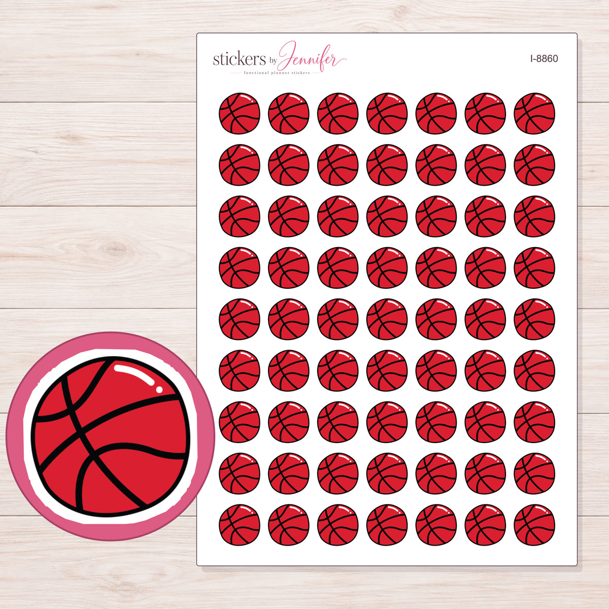 Basketball Planner Stickers | I-8860 — 5 × 7 inch sheet and enlarged sticker detail