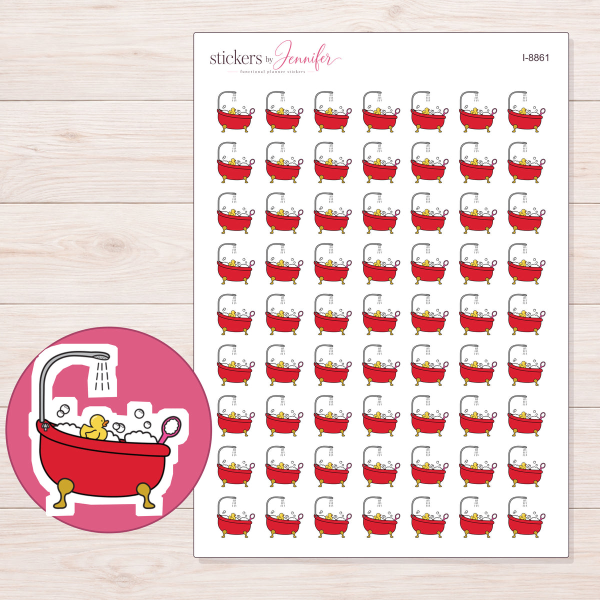 Bath Planner Stickers | I-8861 — 5 × 7 inch sheet and enlarged sticker detail