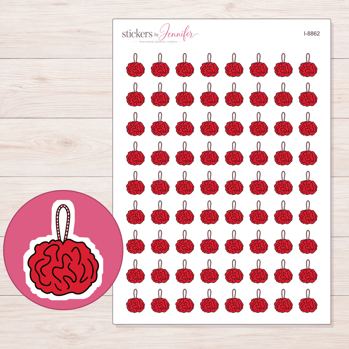 Bath Pouf Planner Stickers | I-8862 — 5 × 7 inch sheet and enlarged sticker detail