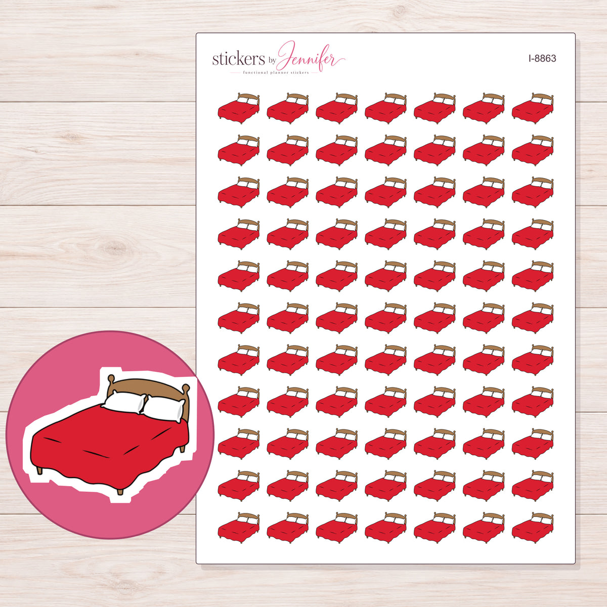 Red Bed Planner Stickers | I-8863 — 5 × 7 inch sheet and enlarged sticker detail