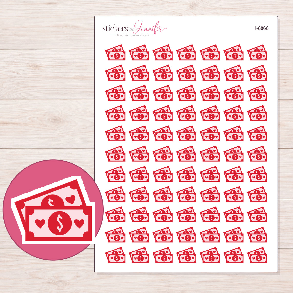 Bill Reminder Planner Stickers | I-8866 — 5 × 7 inch sheet and enlarged sticker detail