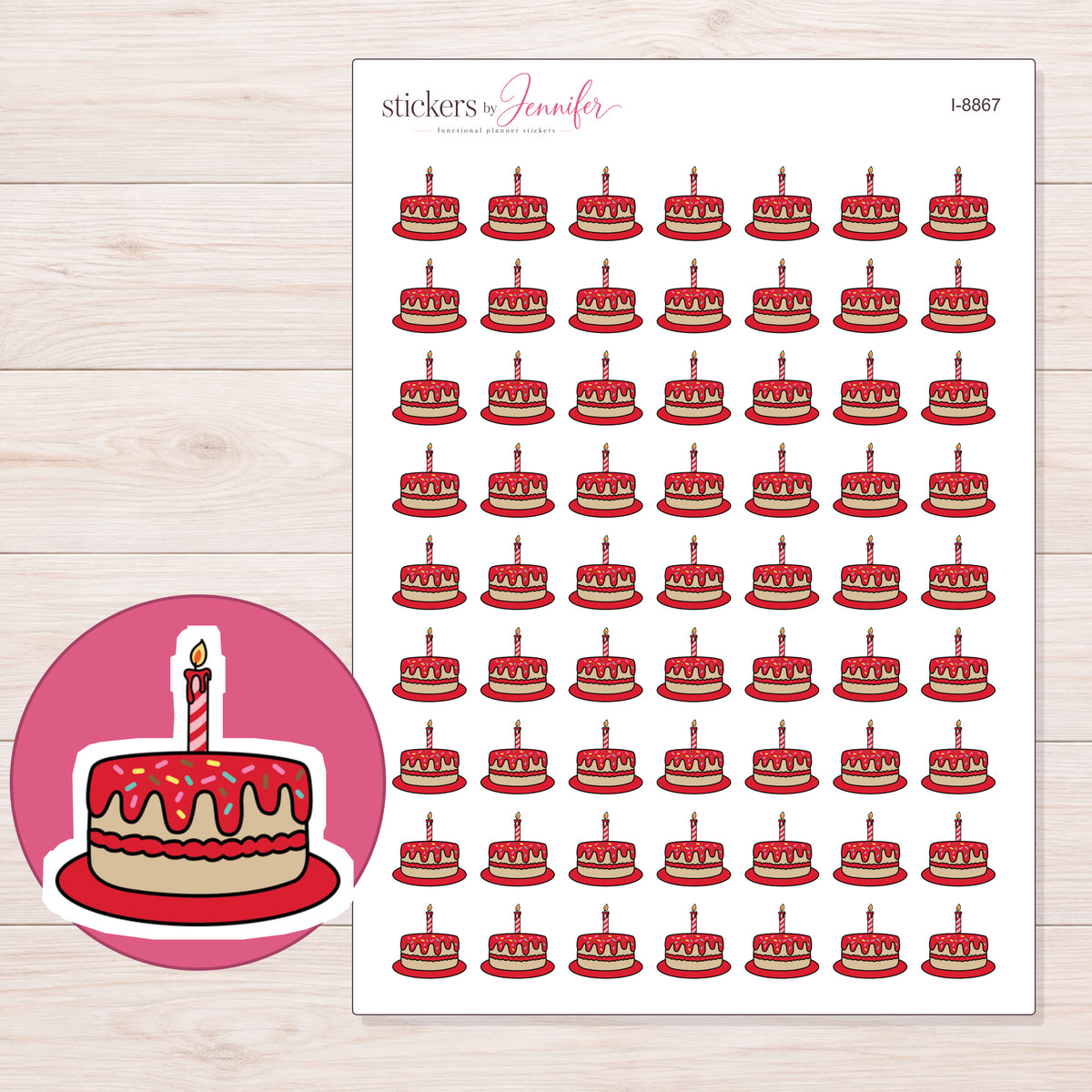 Birthday Cake Planner Stickers | I-8867 — 5 × 7 inch sheet and enlarged sticker detail