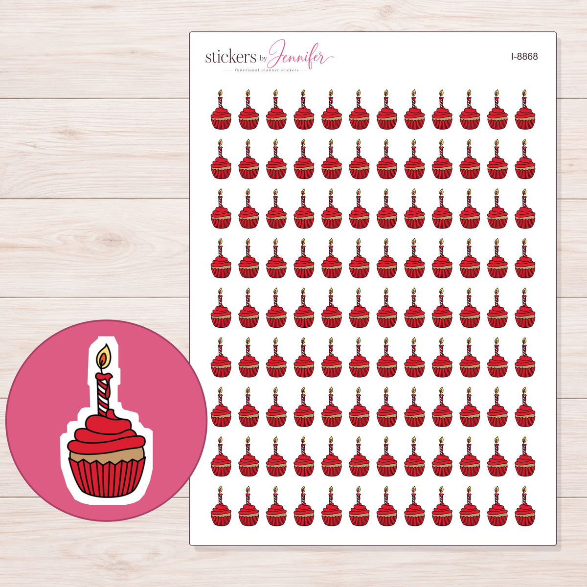 Birthday Cupcake Planner Stickers | I-8868 — 5 × 7 inch sheet and enlarged sticker detail