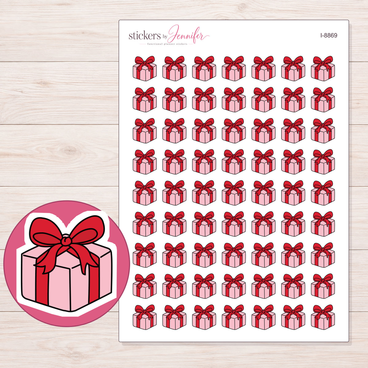 Birthday Gift Planner Stickers | I-8869 — 5 × 7 inch sheet and enlarged sticker detail