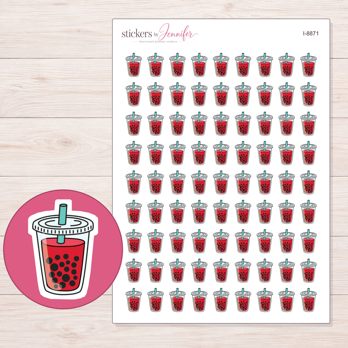 Boba Tea Planner Stickers | I-8871 — 5 × 7 inch sheet and enlarged sticker detail
