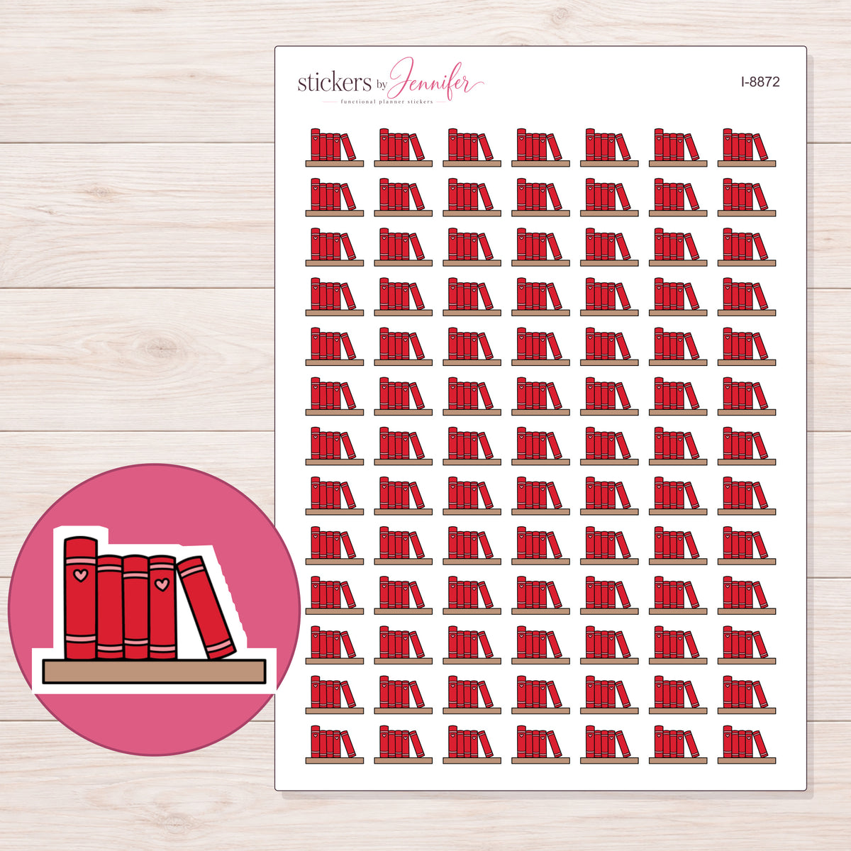 Bookshelf Planner Stickers | I-8872 — 5 × 7 inch sheet and enlarged sticker detail