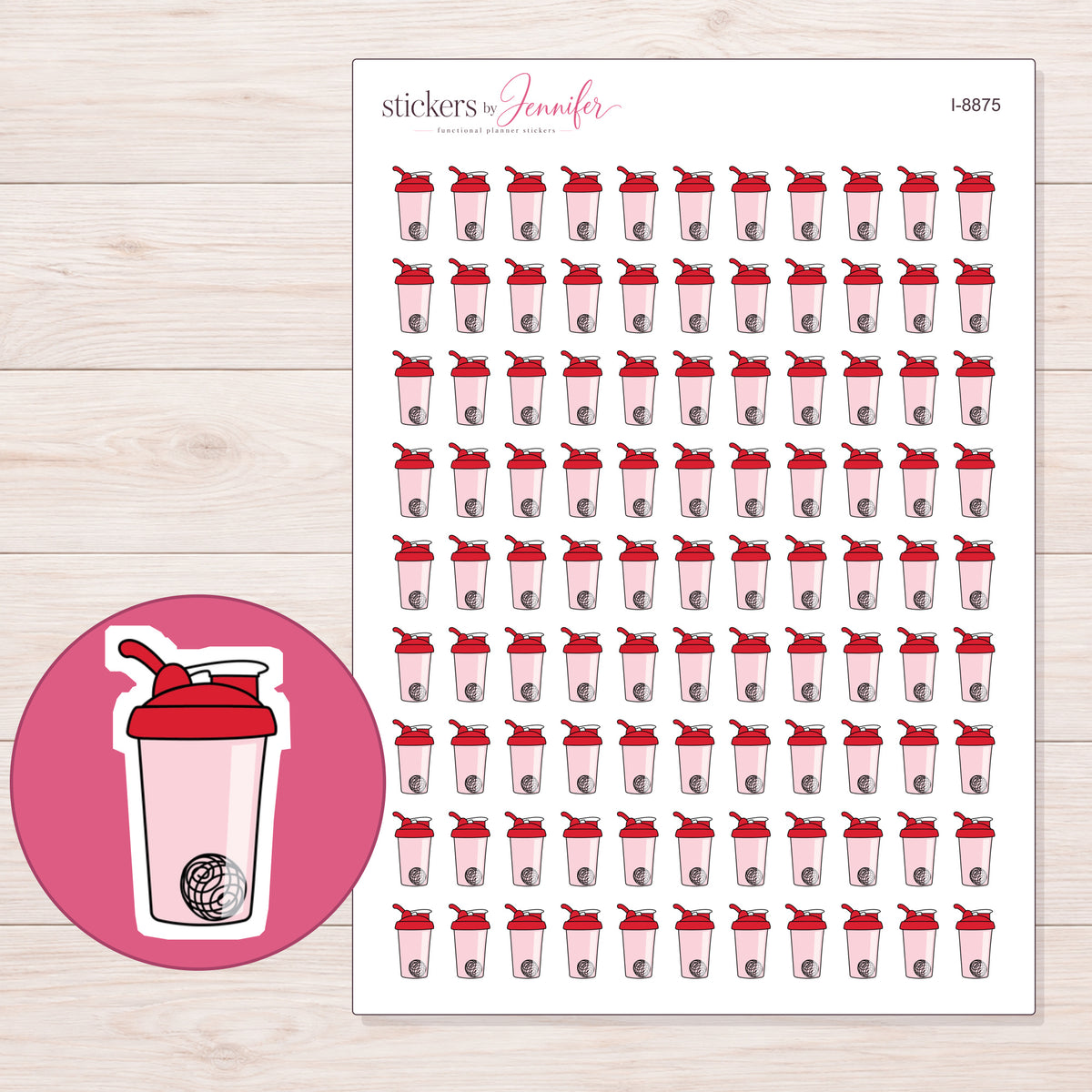 Shaker Bottle Planner Stickers | I-8875 — 5 × 7 inch sheet and enlarged sticker detail