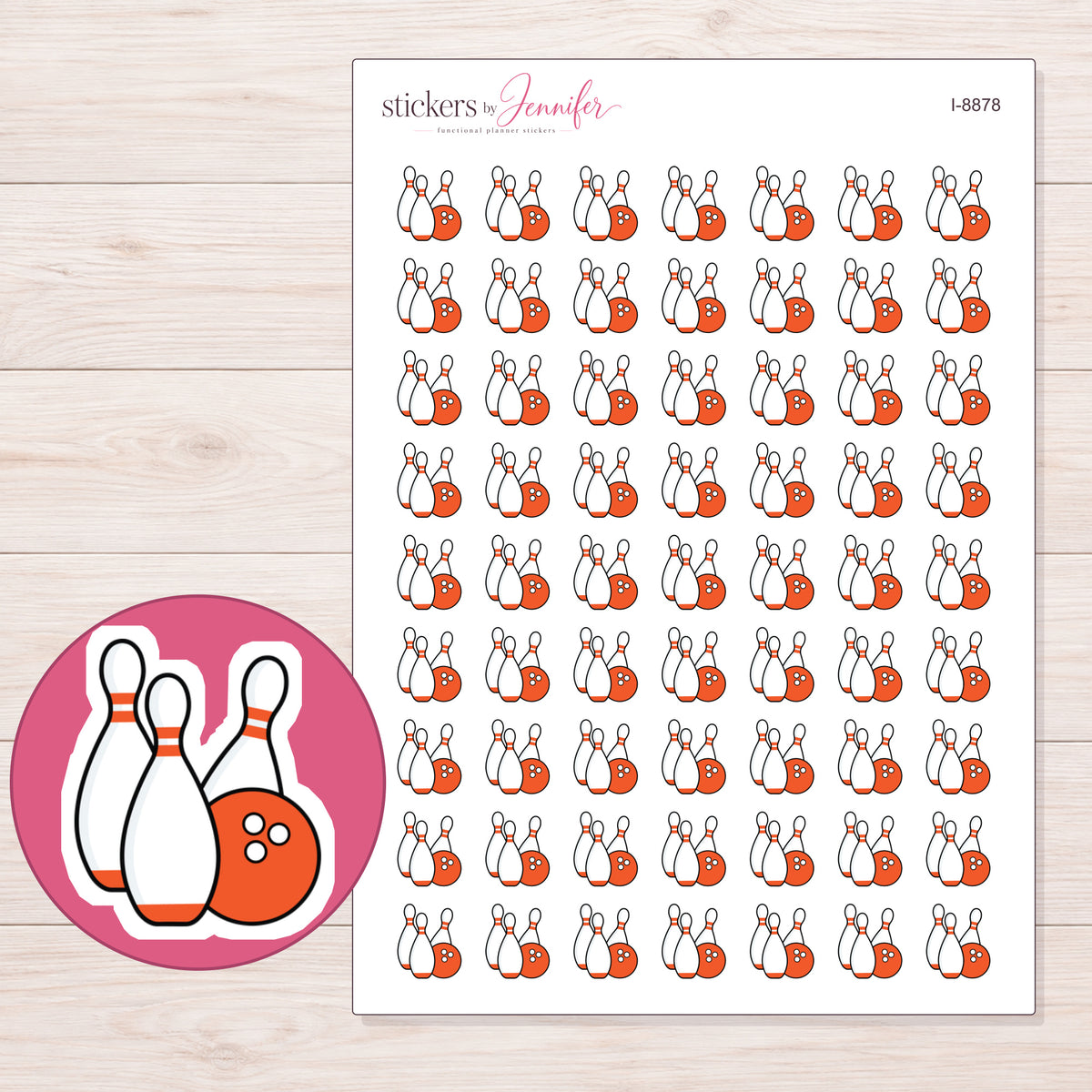 Bowling Planner Stickers | I-8878 — 5 × 7 inch sheet and enlarged sticker detail