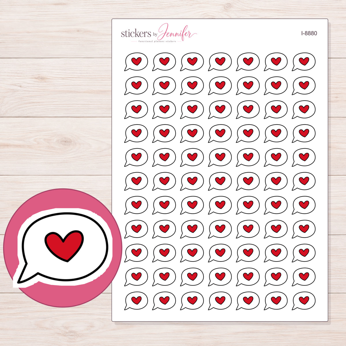 Speech Bubble Planner Stickers | I-8880 — 5 × 7 inch sheet and enlarged sticker detail
