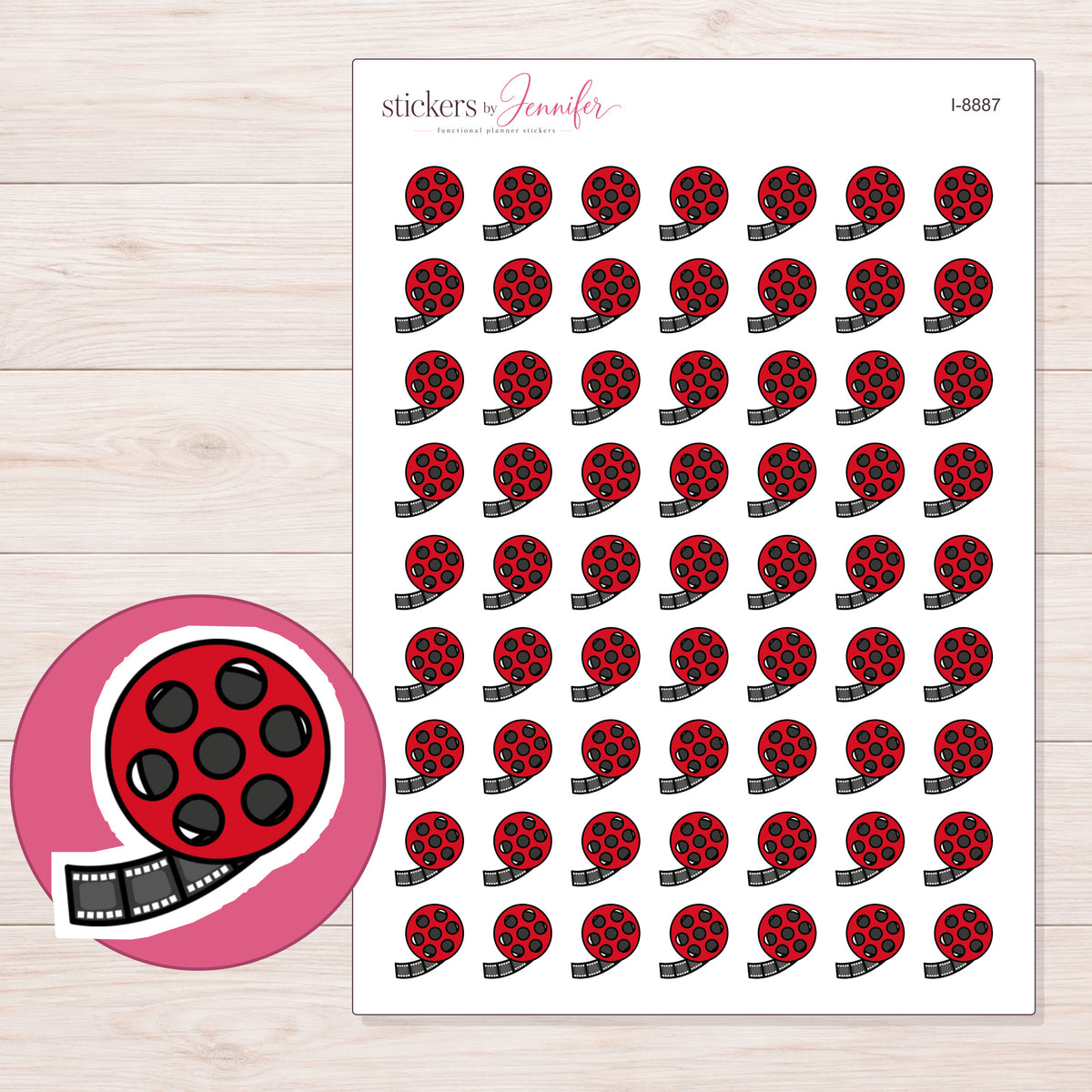 Red Film Reel Planner Stickers | I-8887 — 5 × 7 inch sheet and enlarged sticker detail