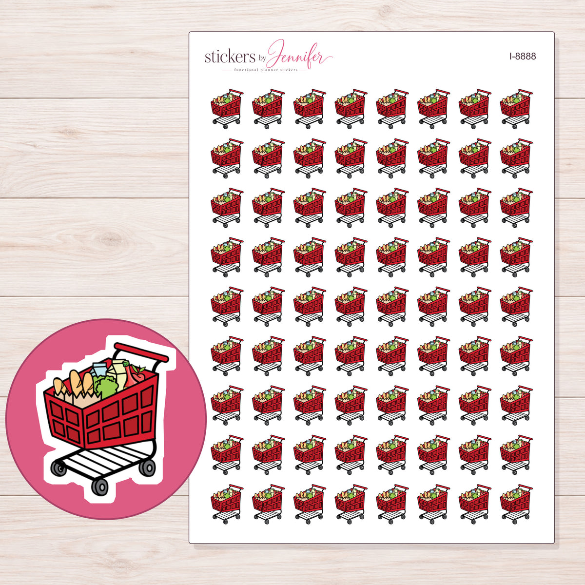 Shopping Cart Planner Stickers | I-8888 — 5 × 7 inch sheet and enlarged sticker detail