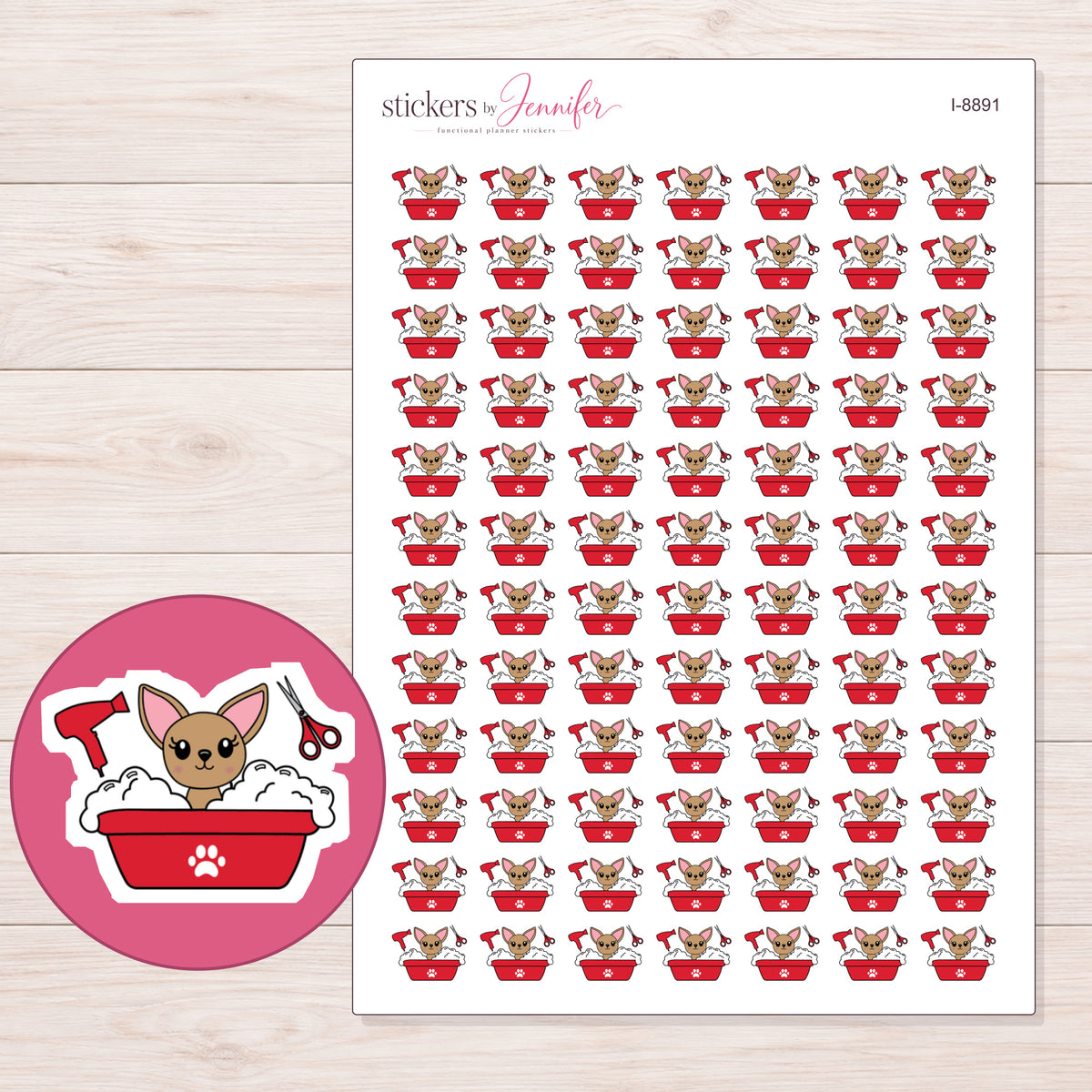 Chihuahua Grooming Planner Stickers | I-8891 — 5 × 7 inch sheet and enlarged sticker detail
