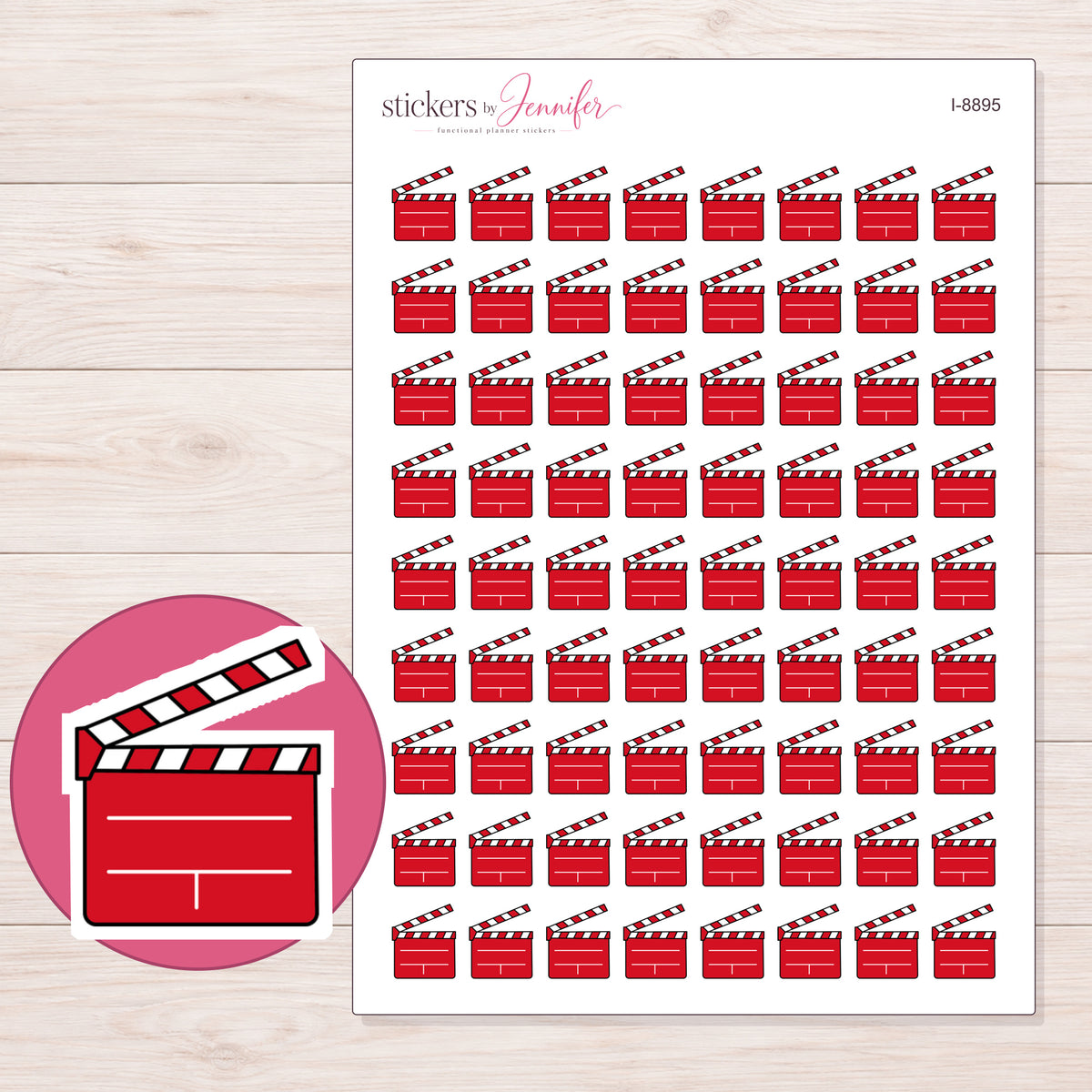 Clapperboard Planner Stickers | I-8895 — 5 × 7 inch sheet and enlarged sticker detail