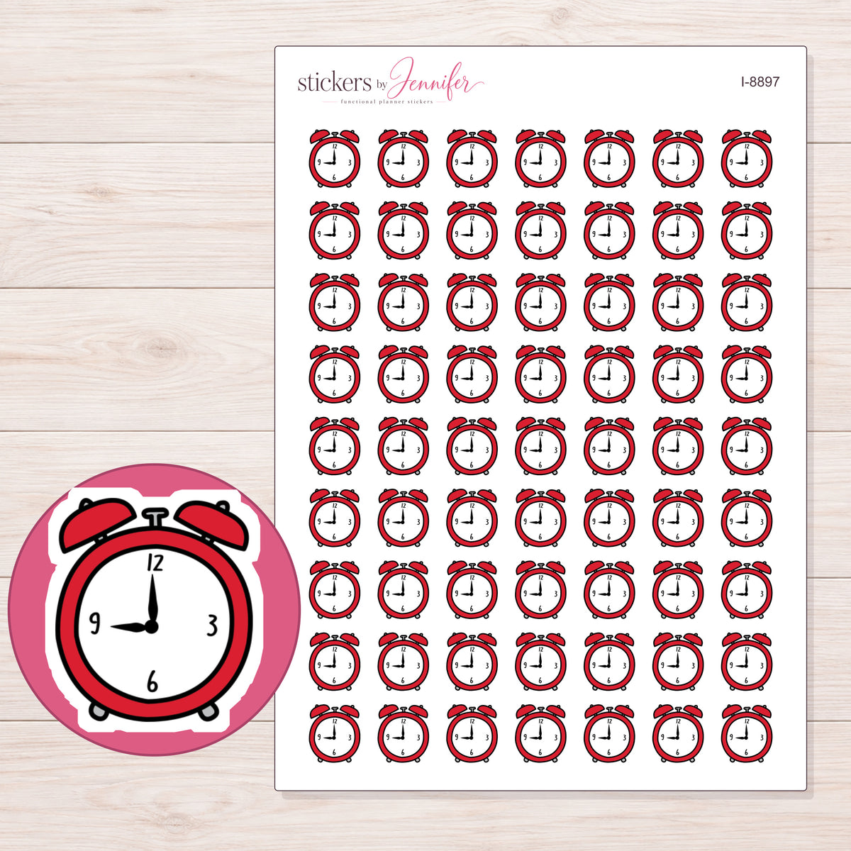 Clock Planner Stickers | I-8897 — 5 × 7 inch sheet and enlarged sticker detail
