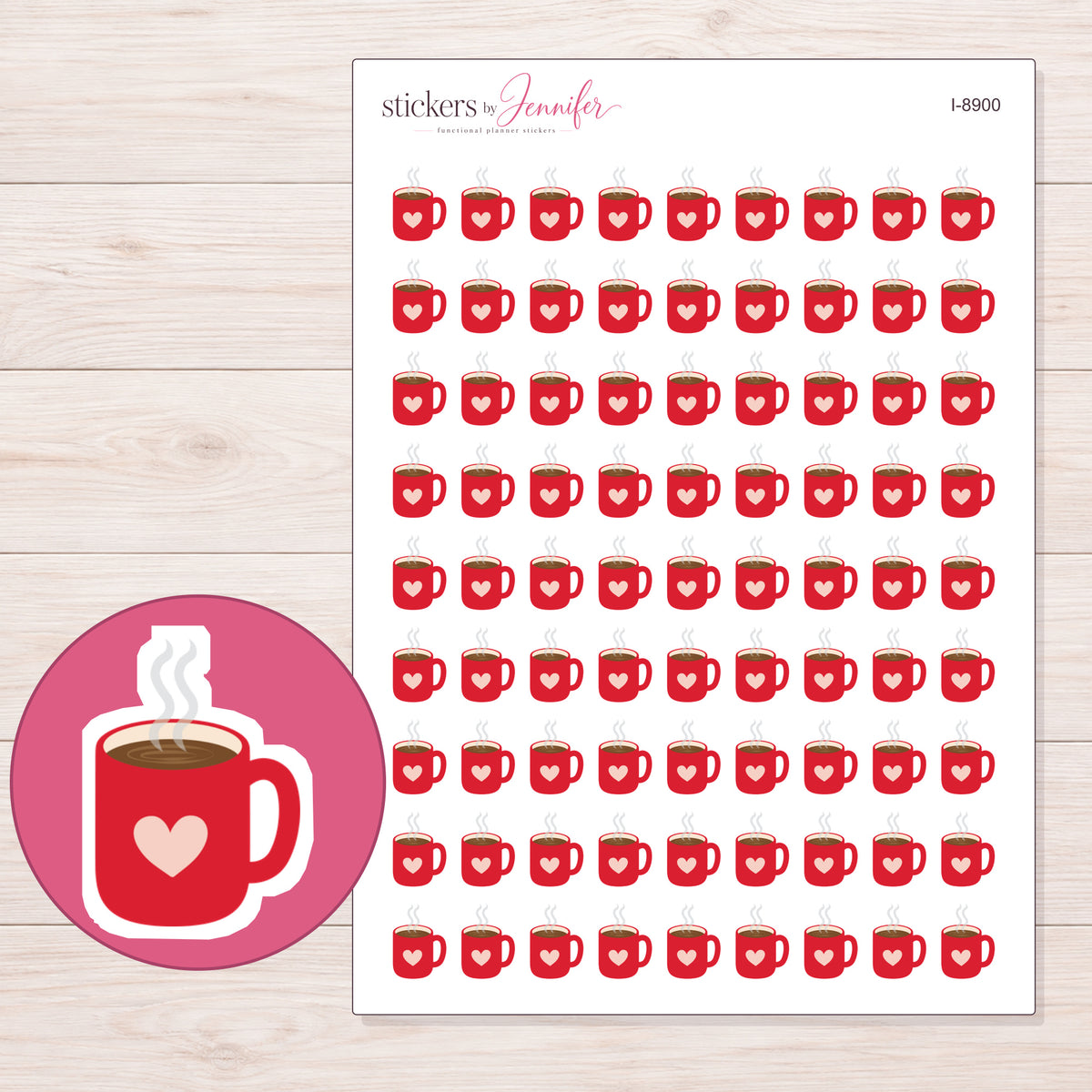 Red Heart Coffee Mug Planner Stickers | I-8900 — 5 × 7 inch sheet and enlarged sticker detail