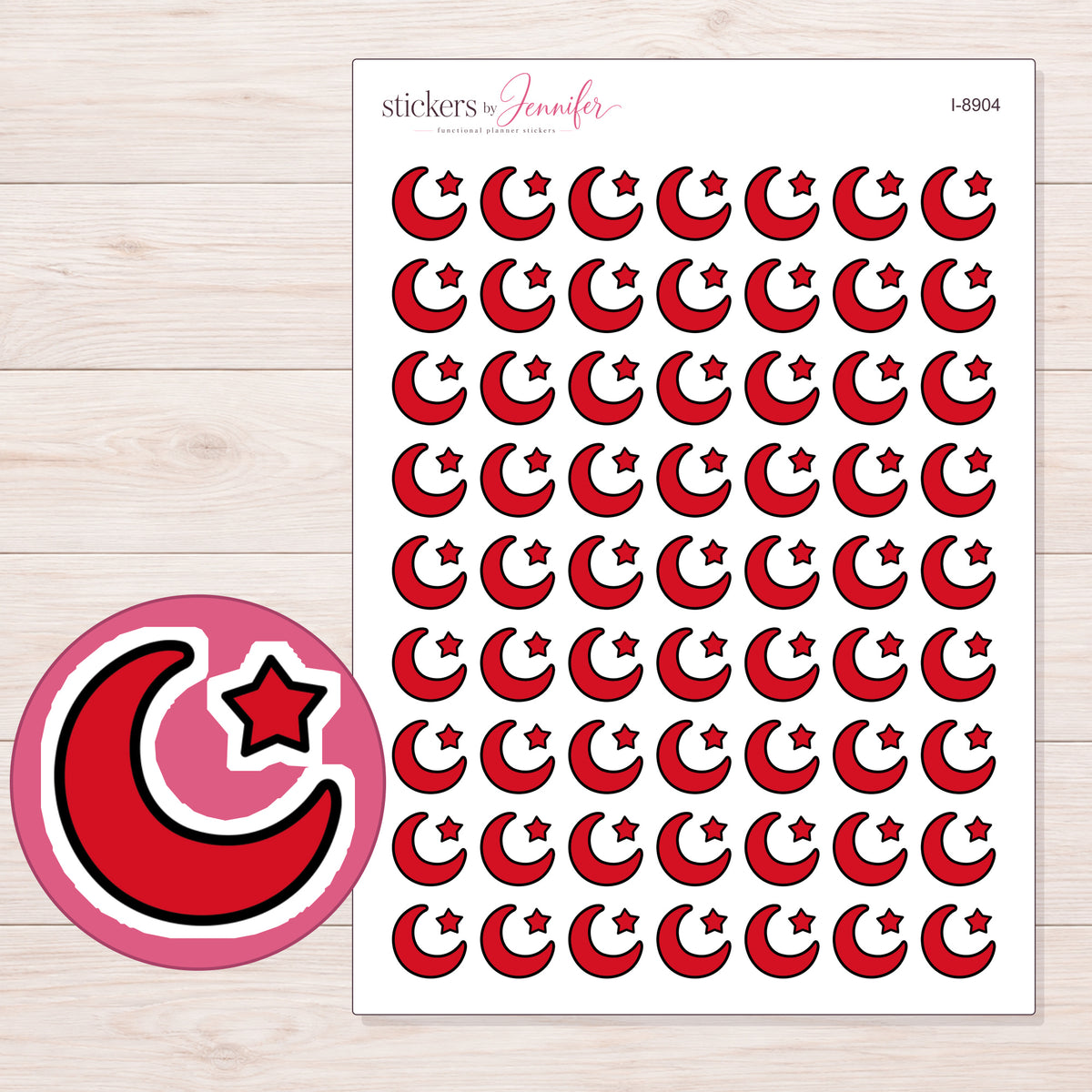 Red Crescent Moon and Star Planner Stickers | I-8904 — 5 × 7 inch sheet and enlarged sticker detail