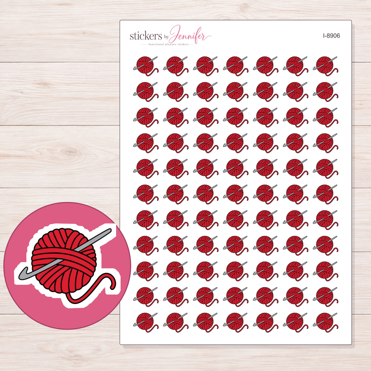 Red Yarn Ball and Crochet Hook Planner Stickers | I-8906 — 5 × 7 inch sheet and enlarged sticker detail