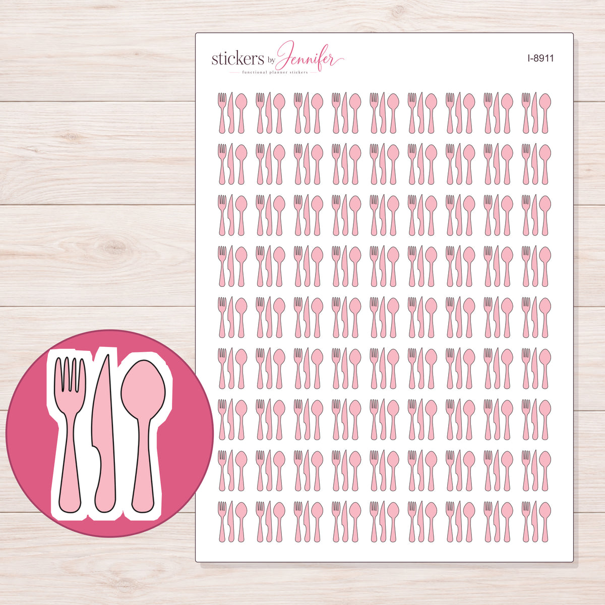 Pink Outline Cutlery Planner Stickers | I-8911 — 5 × 7 inch sheet and enlarged sticker detail