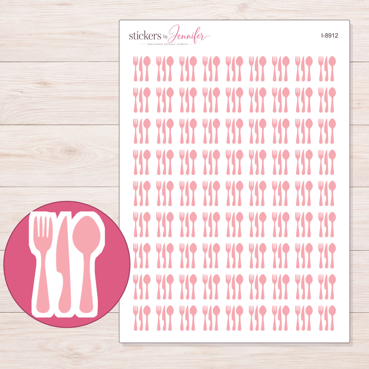 Pink Cutlery Planner Stickers | I-8912 — 5 × 7 inch sheet and enlarged sticker detail