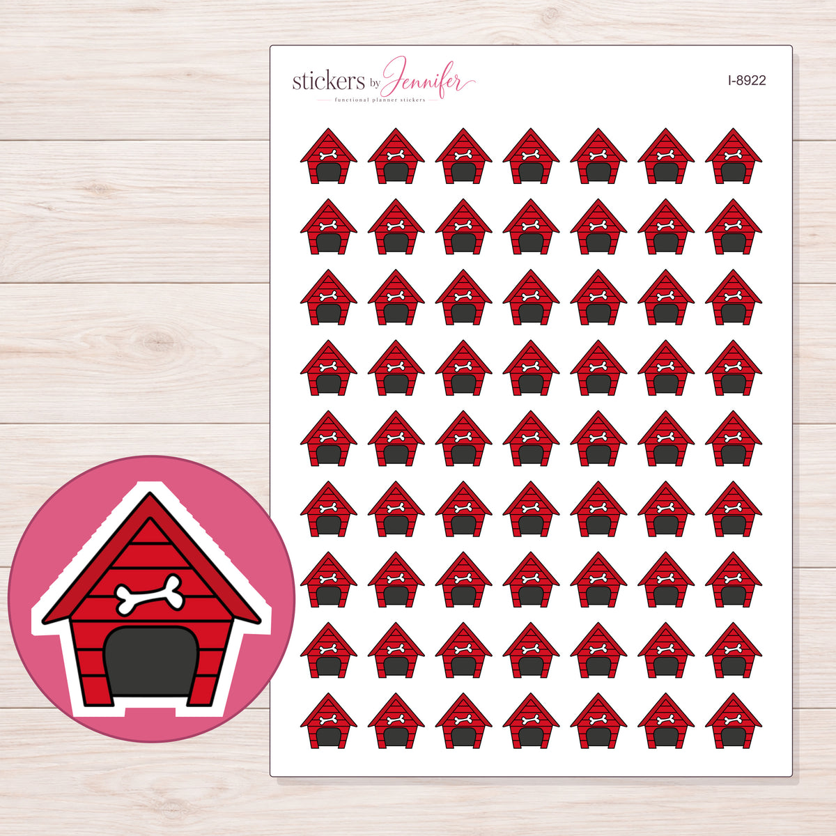 Red Dog House Planner Stickers | I-8922 — 5 × 7 inch sheet and enlarged sticker detail