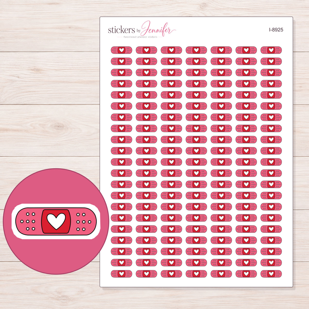 Red Heart Bandage Planner Stickers | I-8925 — 5 × 7 inch sheet and enlarged sticker detail