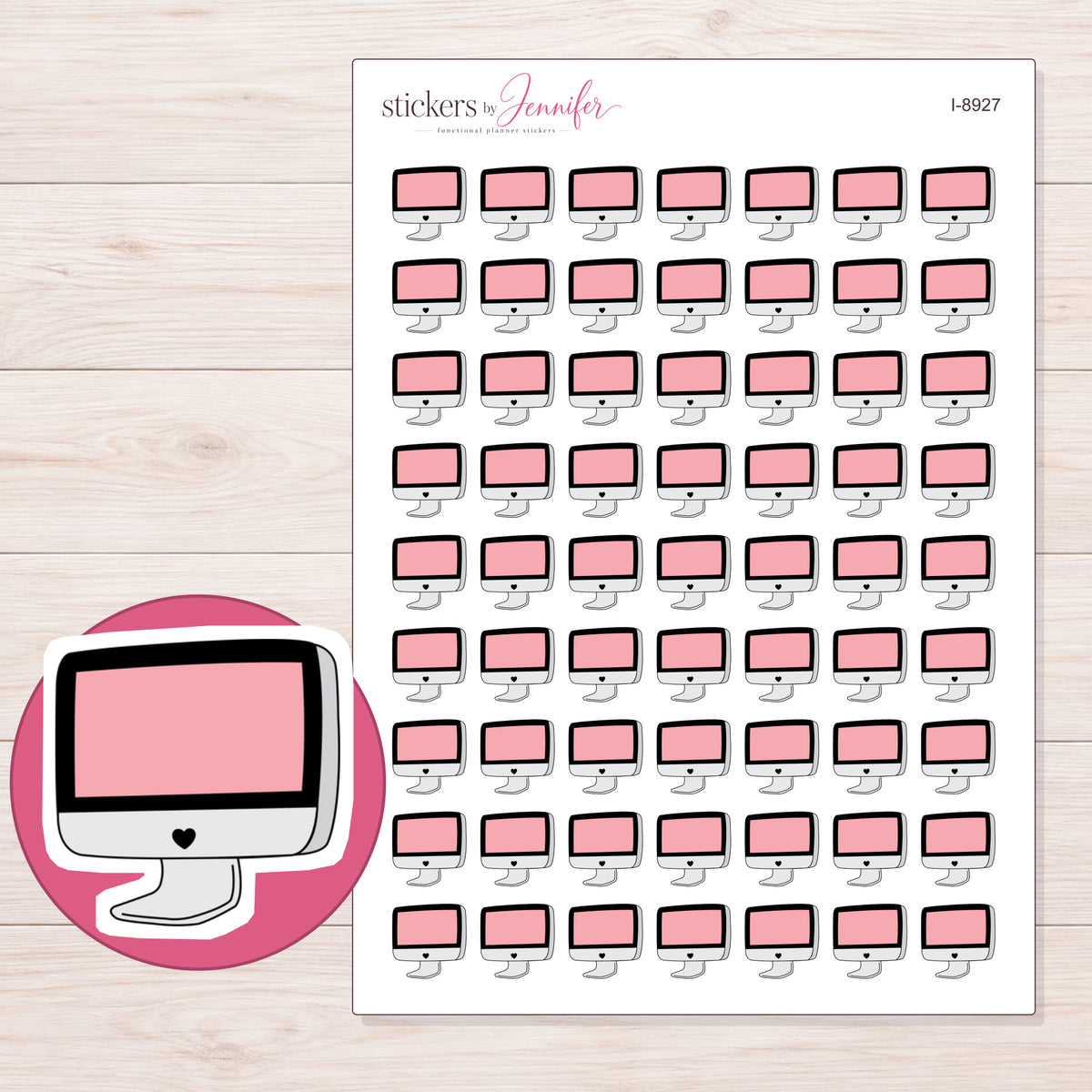 Pink Doodle Desktop Computer Planner Stickers | I-8927 — 5 × 7 inch sheet and enlarged sticker detail