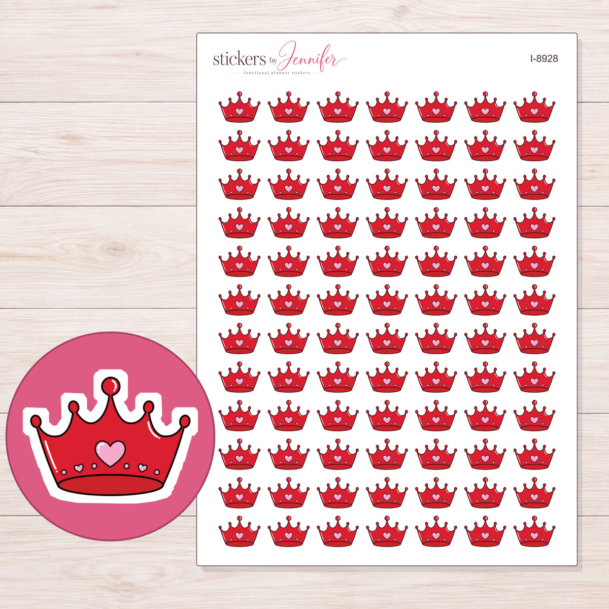 Red Heart Crown Planner Stickers | I-8928 — 5 × 7 inch sheet and enlarged sticker detail
