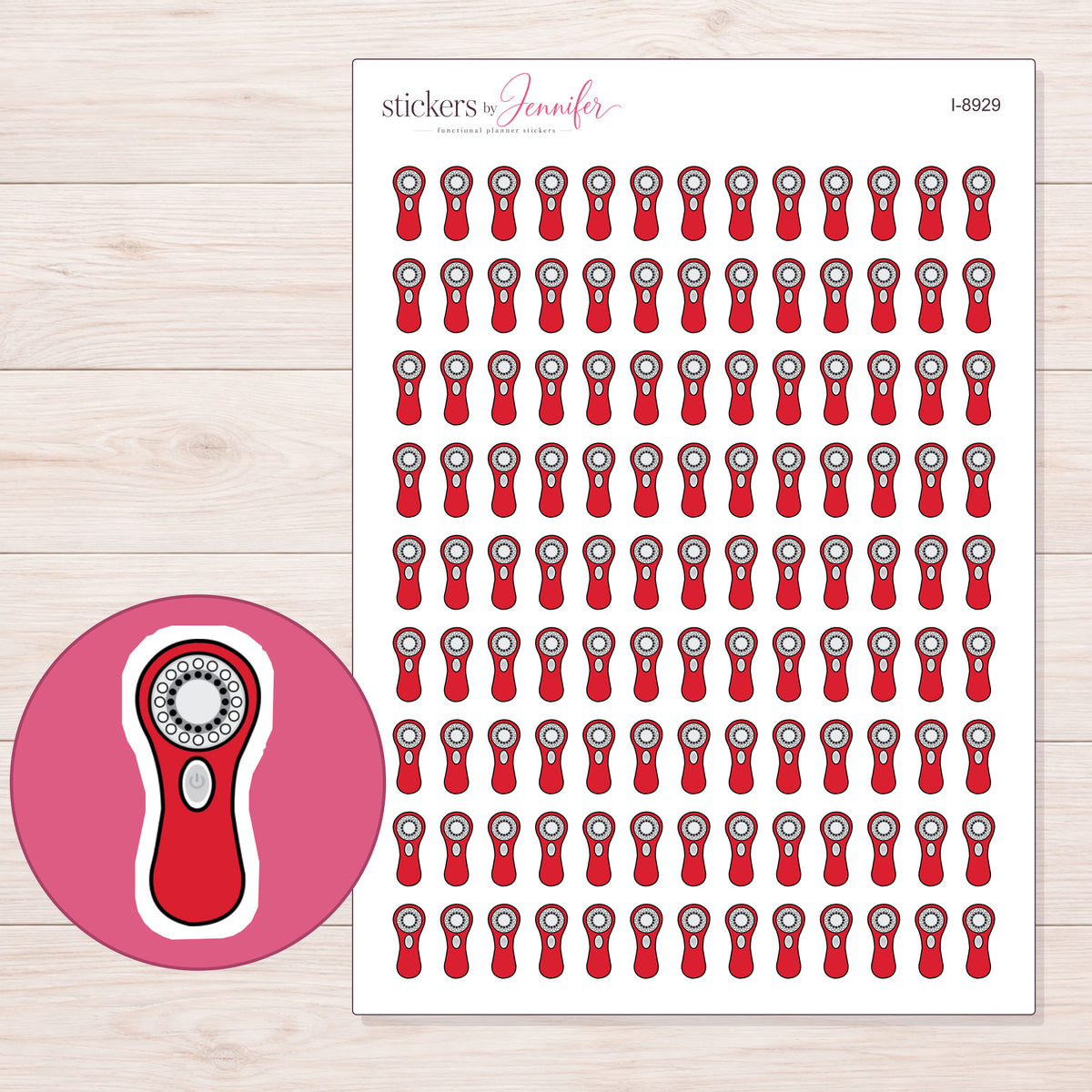 Red Facial Cleansing Brush Planner Stickers | I-8929 — 5 × 7 inch sheet and enlarged sticker detail