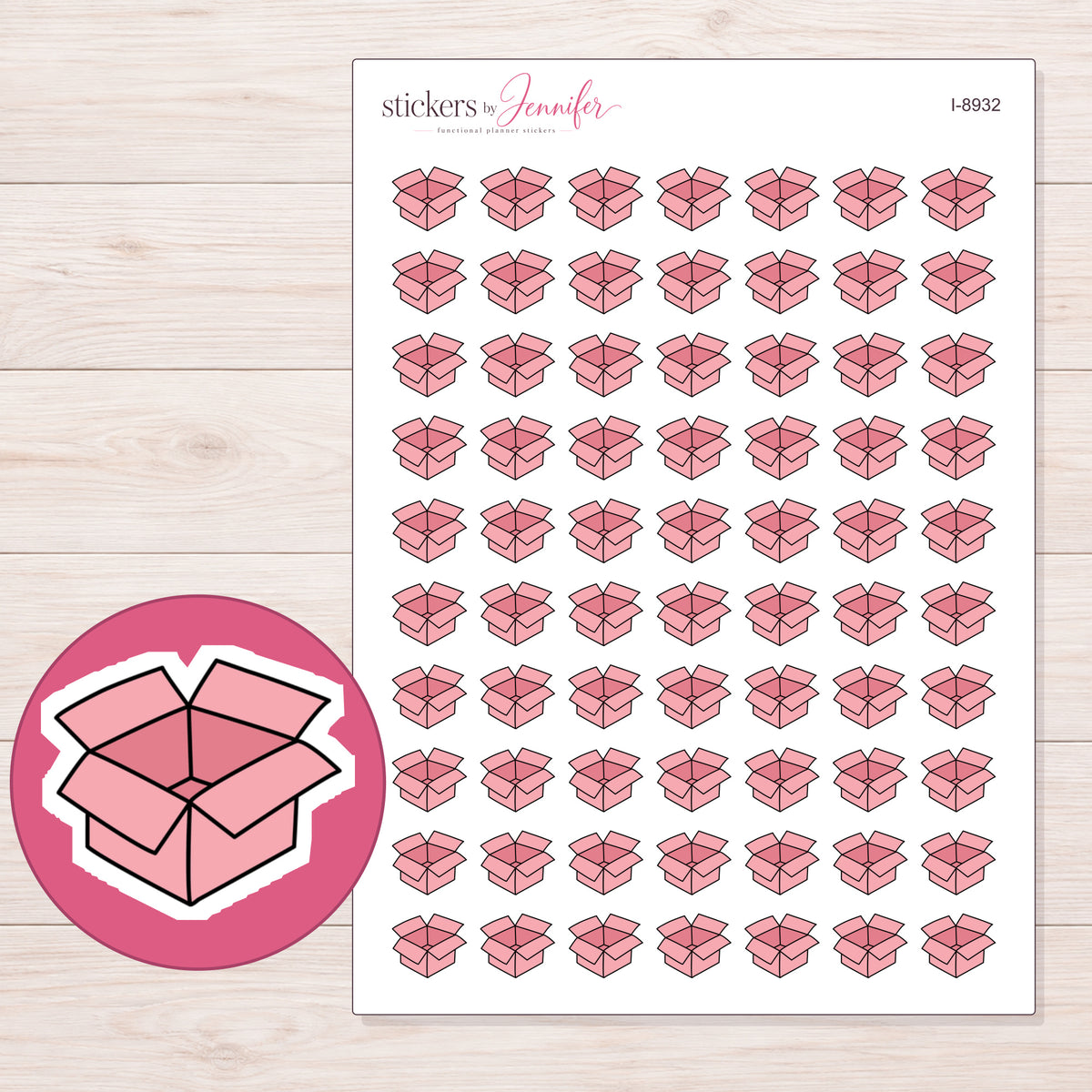 Pink Open Shipping Box Planner Stickers | I-8932 — 5 × 7 inch sheet and enlarged sticker detail