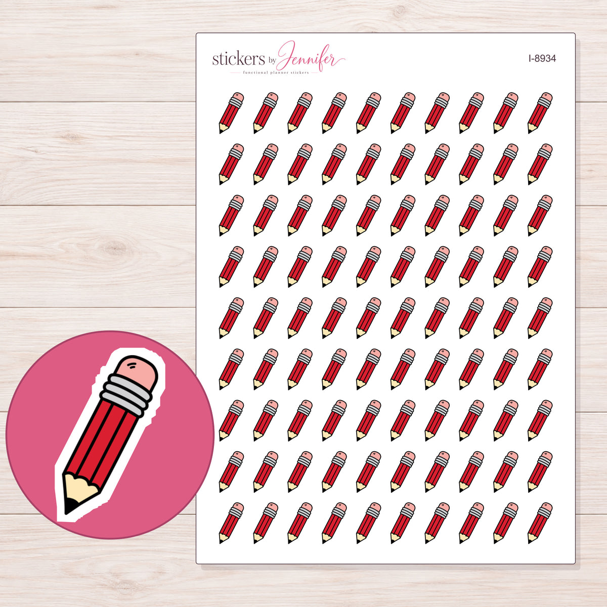 Red Doodle Pencil Planner Stickers | I-8934 — 5 × 7 inch sheet and enlarged sticker detail