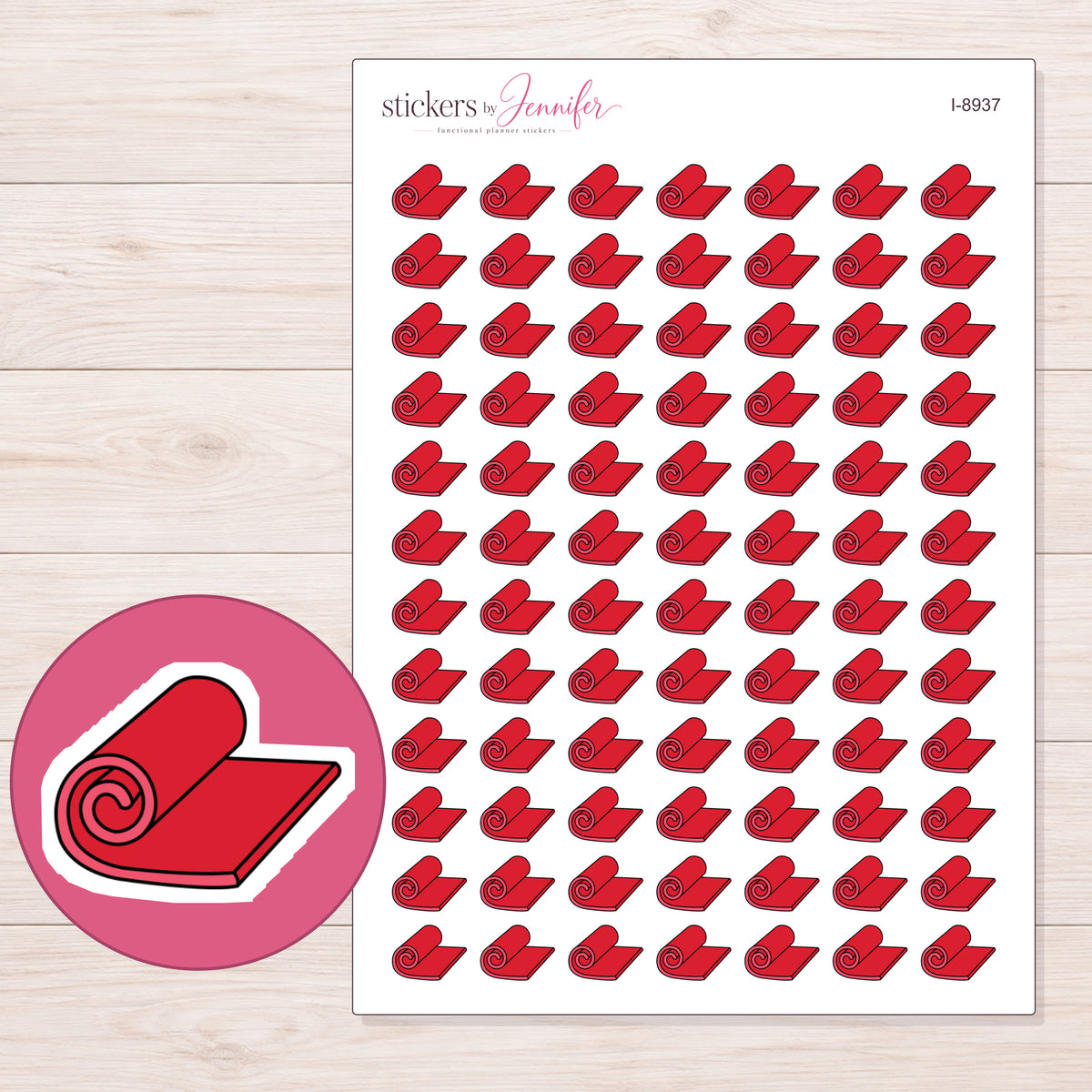 Red Yoga Mat Planner Stickers | I-8937 — 5 × 7 inch sheet and enlarged sticker detail