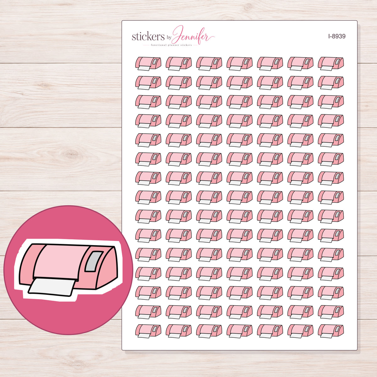 Pink Craft Cutting Machine Planner Stickers | I-8939 — 5 × 7 inch sheet and enlarged sticker detail