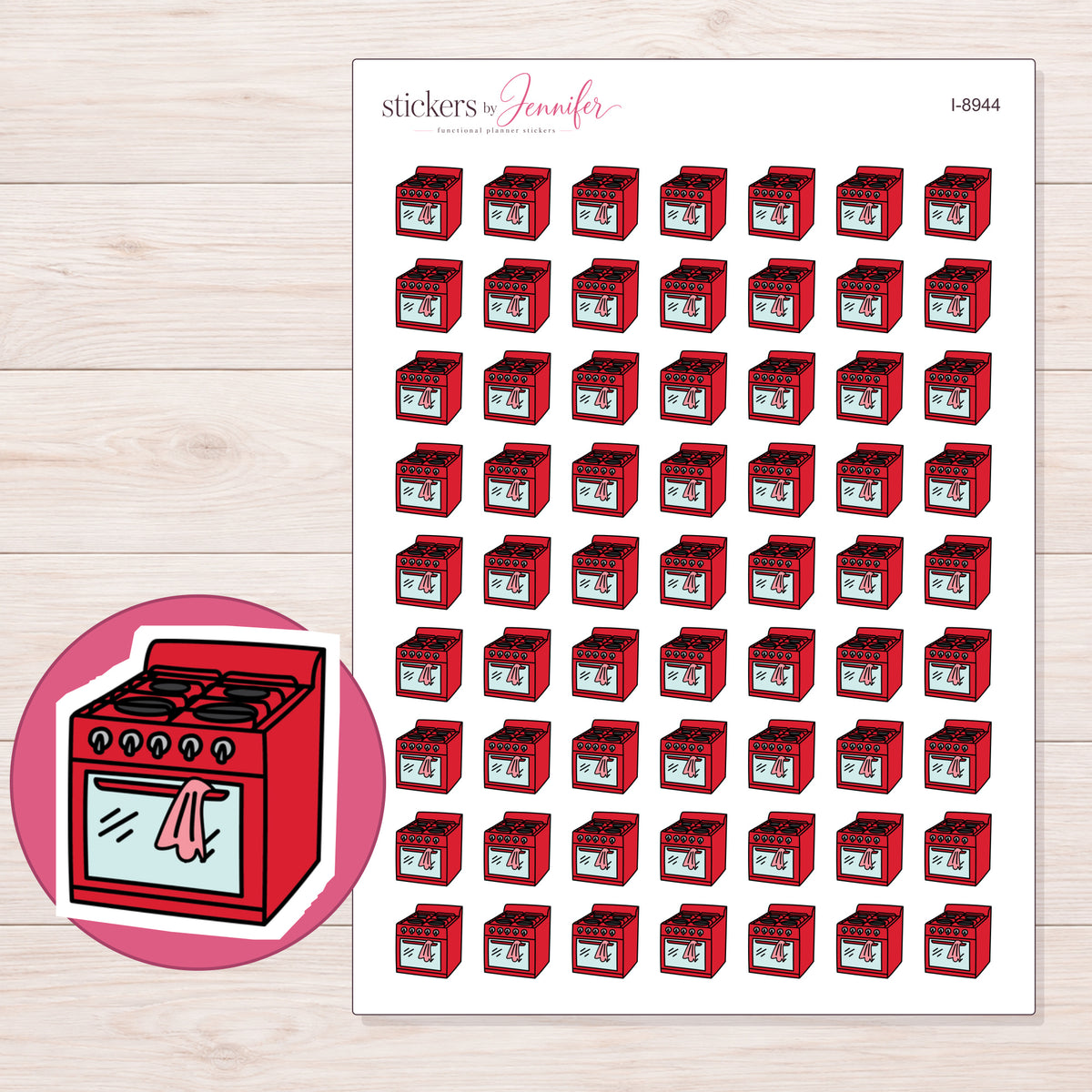 Red Stove and Oven Planner Stickers | I-8944 — 5 × 7 inch sheet and enlarged sticker detail