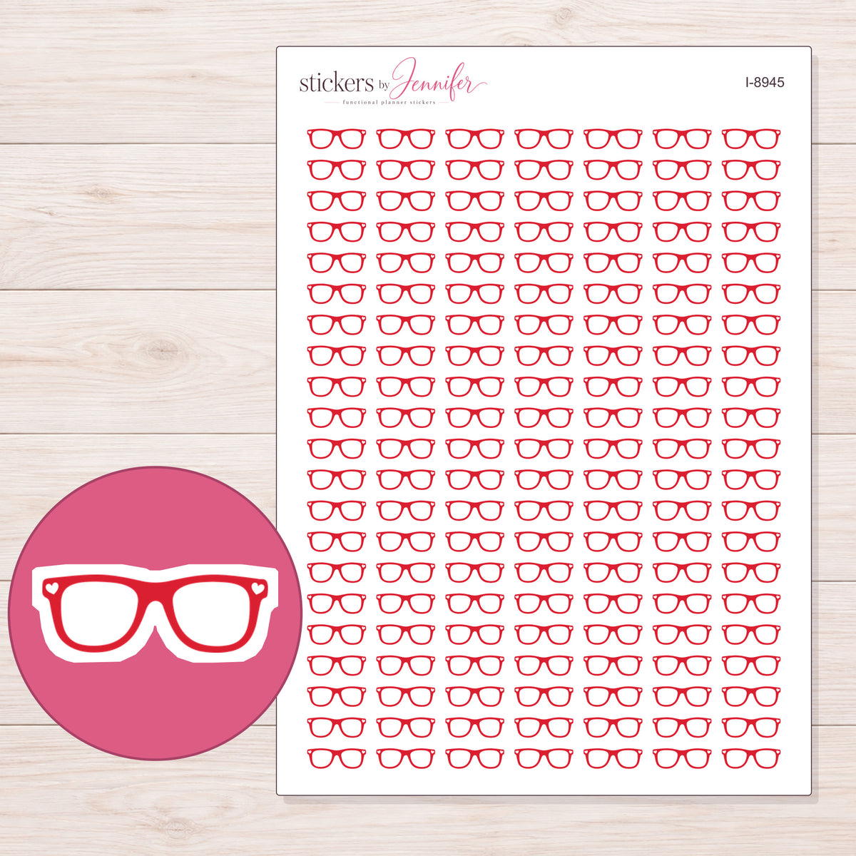 Red Eyeglasses Planner Stickers | I-8945 — 5 × 7 inch sheet and enlarged sticker detail