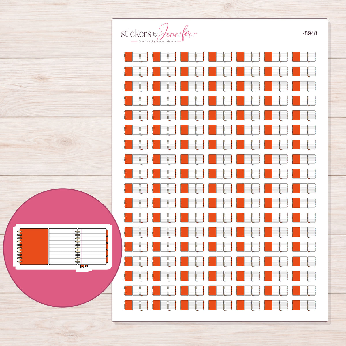 Orange Foldout Planner Planner Stickers | I-8948 — 5 × 7 inch sheet and enlarged sticker detail