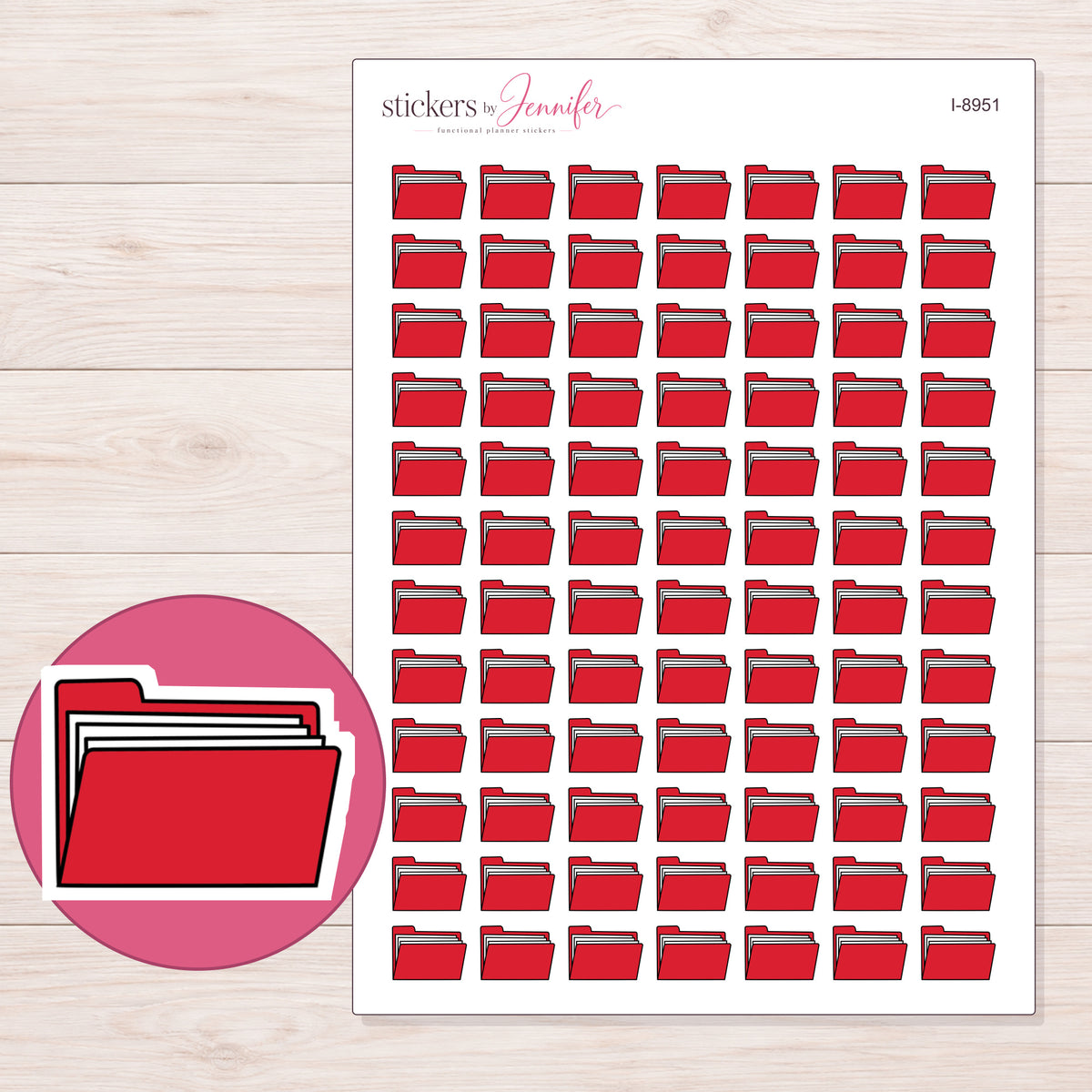 Red File Folder Planner Stickers | I-8951 — 5 × 7 inch sheet and enlarged sticker detail