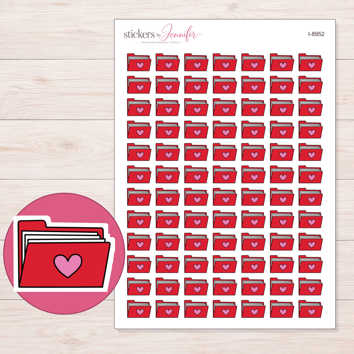 Red Heart File Folder Planner Stickers | I-8952 — 5 × 7 inch sheet and enlarged sticker detail