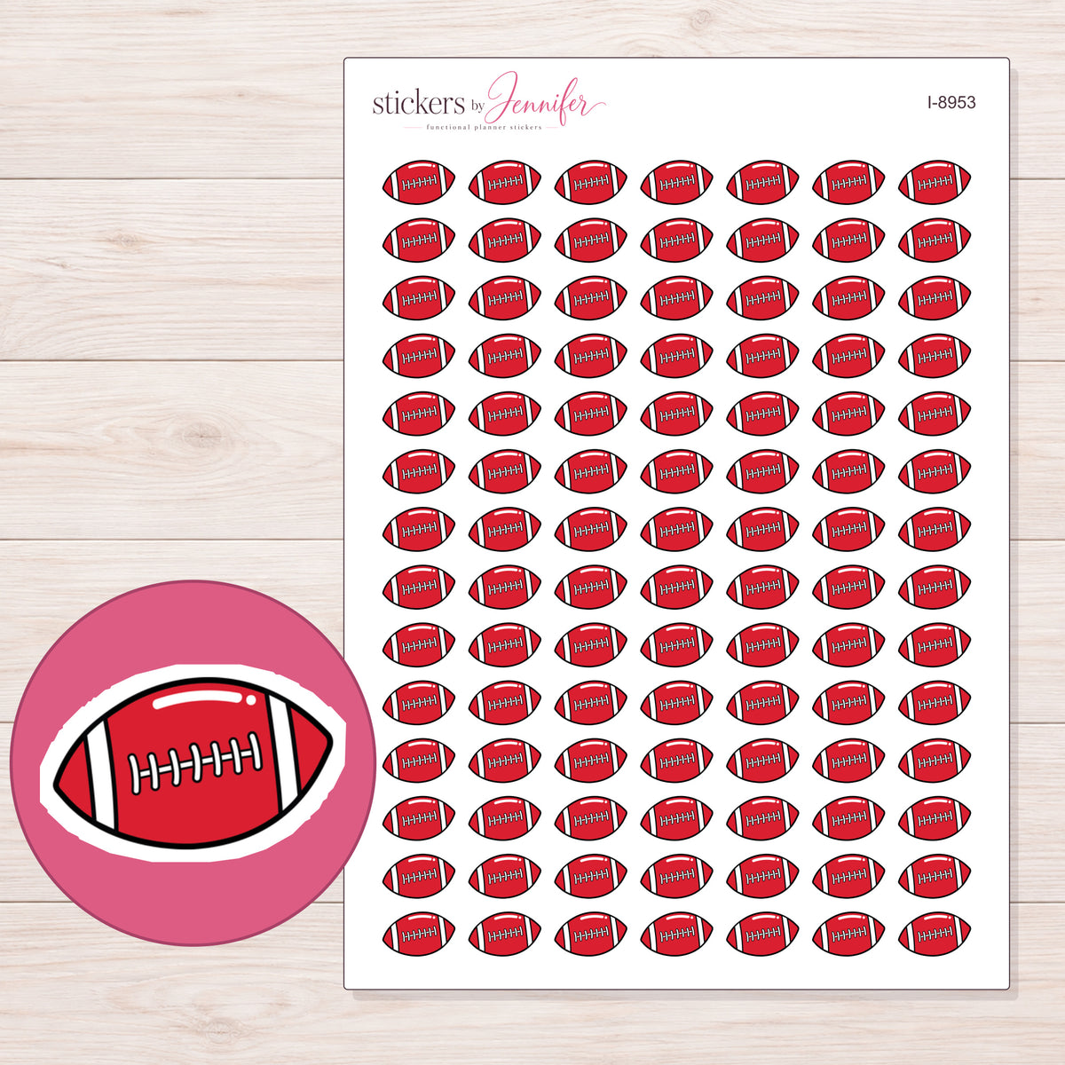 Red Football Planner Stickers | I-8953 — 5 × 7 inch sheet and enlarged sticker detail