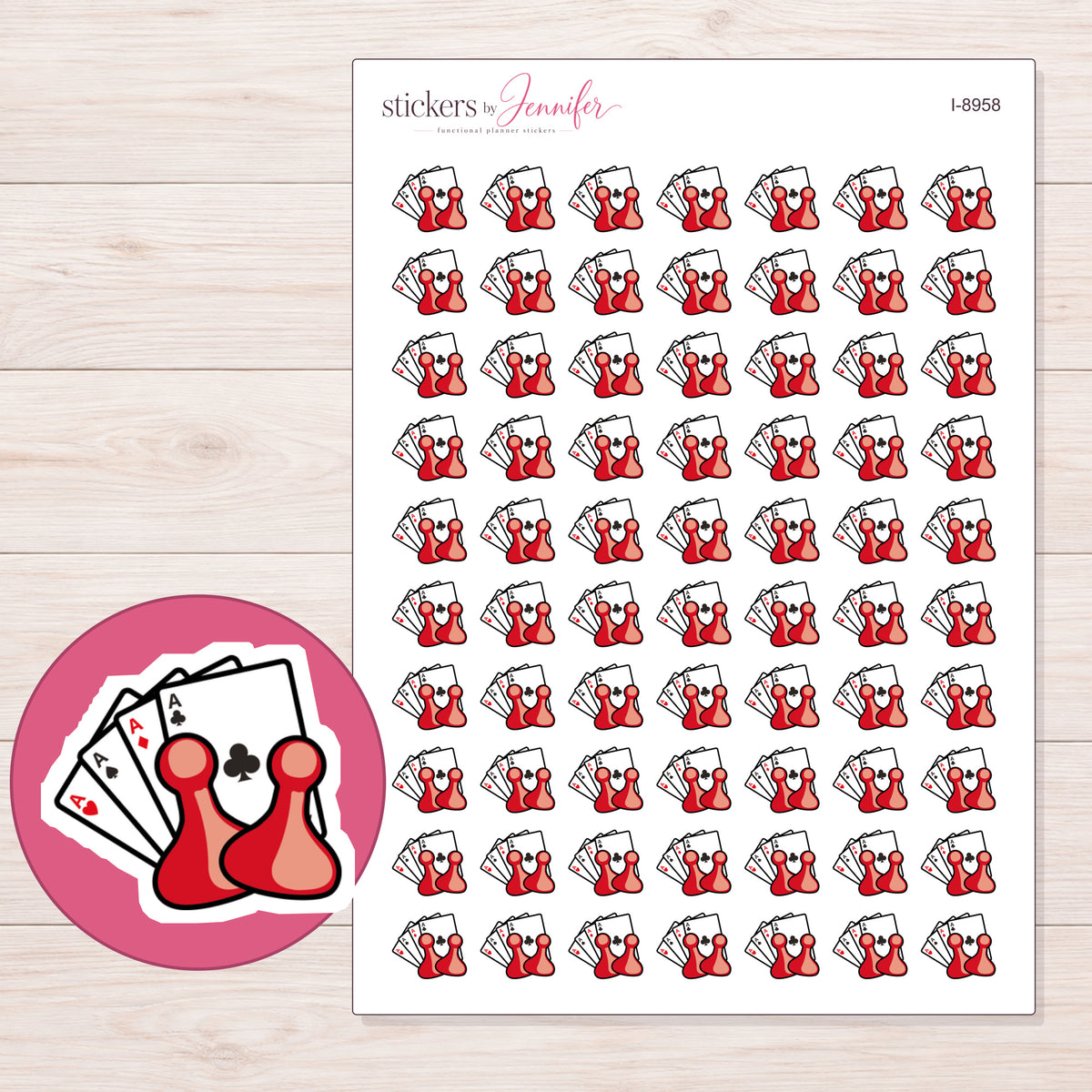 Cards and Pawns Game Night Planner Stickers | I-8958 — 5 × 7 inch sheet and enlarged sticker detail