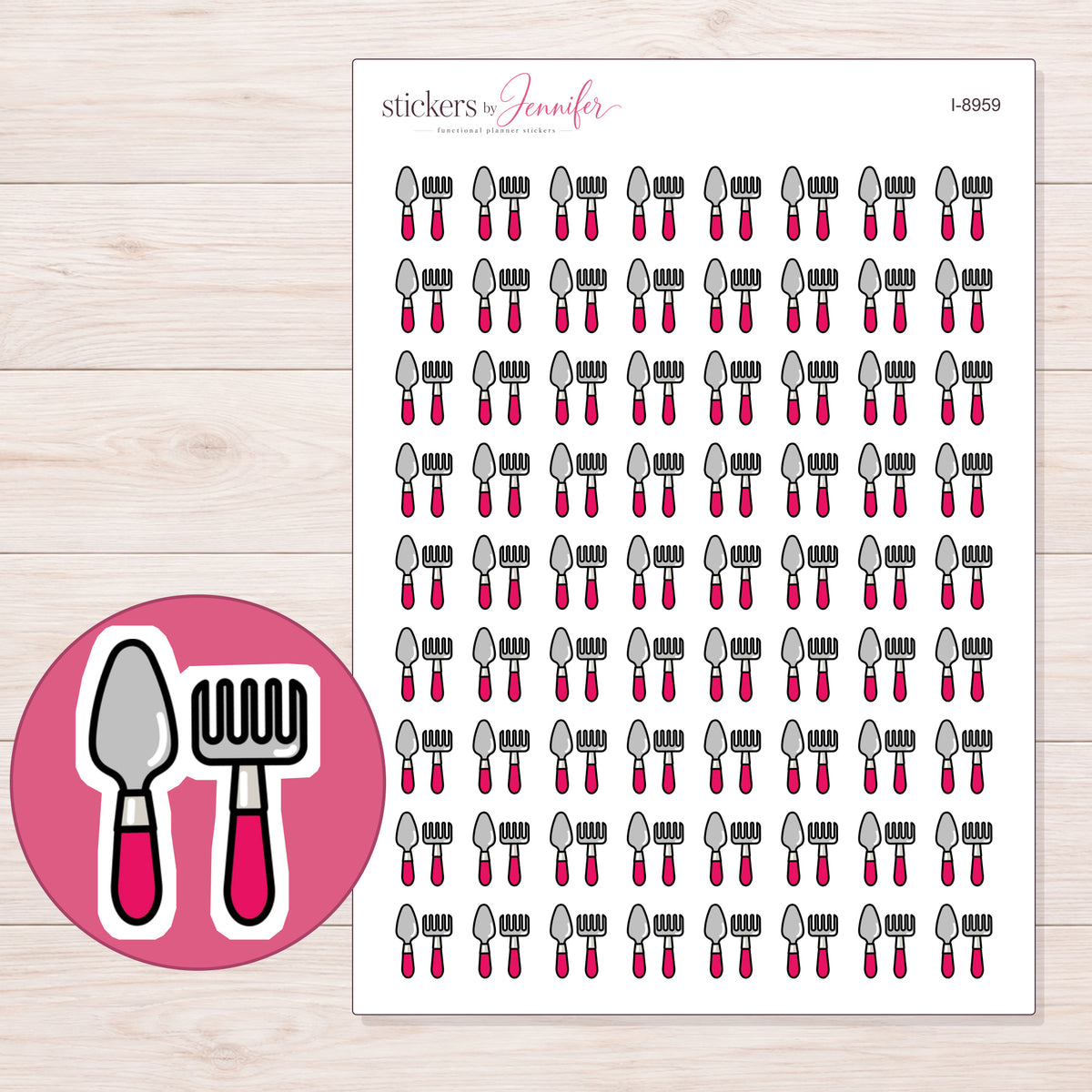 Pink Gardening Tools Planner Stickers | I-8959 — 5 × 7 inch sheet and enlarged sticker detail