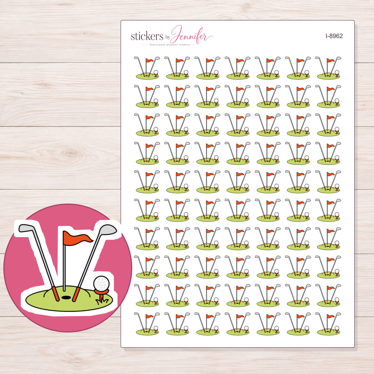 Golf Clubs and Putting Green Planner Stickers | I-8962 — 5 × 7 inch sheet and enlarged sticker detail