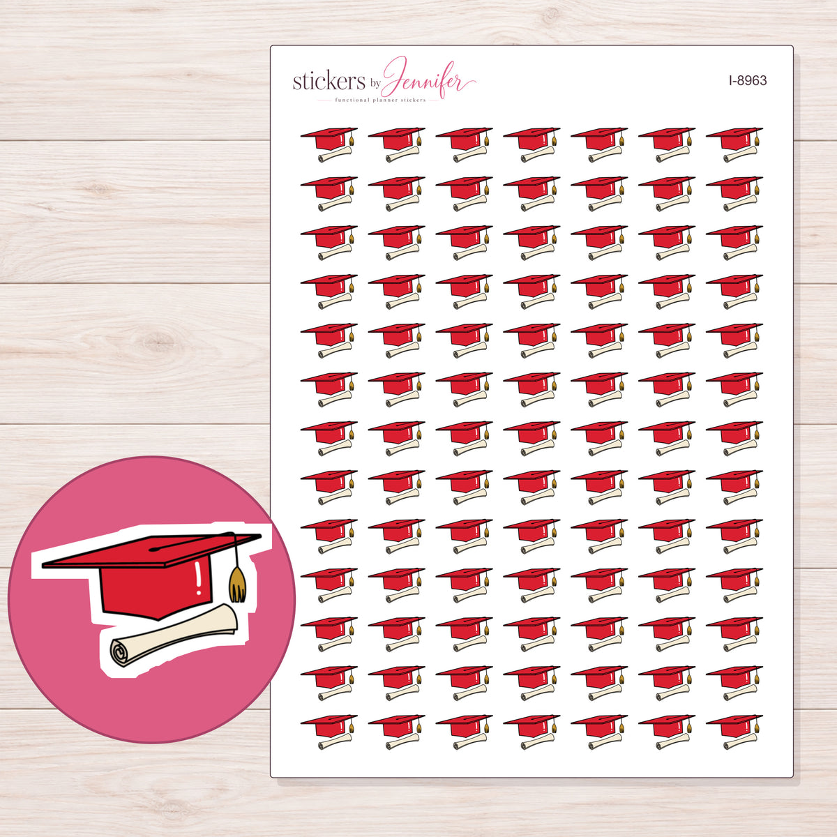 Red Graduation Cap and Diploma Planner Stickers | I-8963 — 5 × 7 inch sheet and enlarged sticker detail